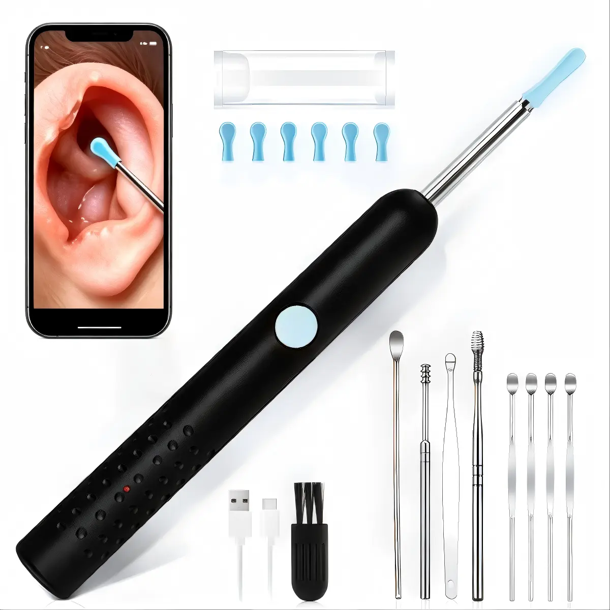 Smart 1080P HD Ear Camera Kit 9 Piece Set for iPhone & Android 6-9 Soft Silicone Spoons Rechargeable Battery Black Safe Wax Removal Ear Cleaning Tool Ear Cleaner Ear Irrigation Kit ear wax removals ear wax removal tool Birthday gifts, holiday gifts