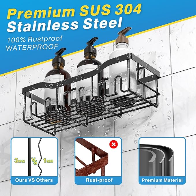 Rustproof Shower Caddy 5 Pack - Efficient Bathroom & Kitchen Storage with Shower Shelves, Durable & Easy to Clean, Black, Grey & Stainless Steel 3Pc-Black, Self-Adhesive Wall-Mounted Shower Caddy, Stainless Steel L-shaped