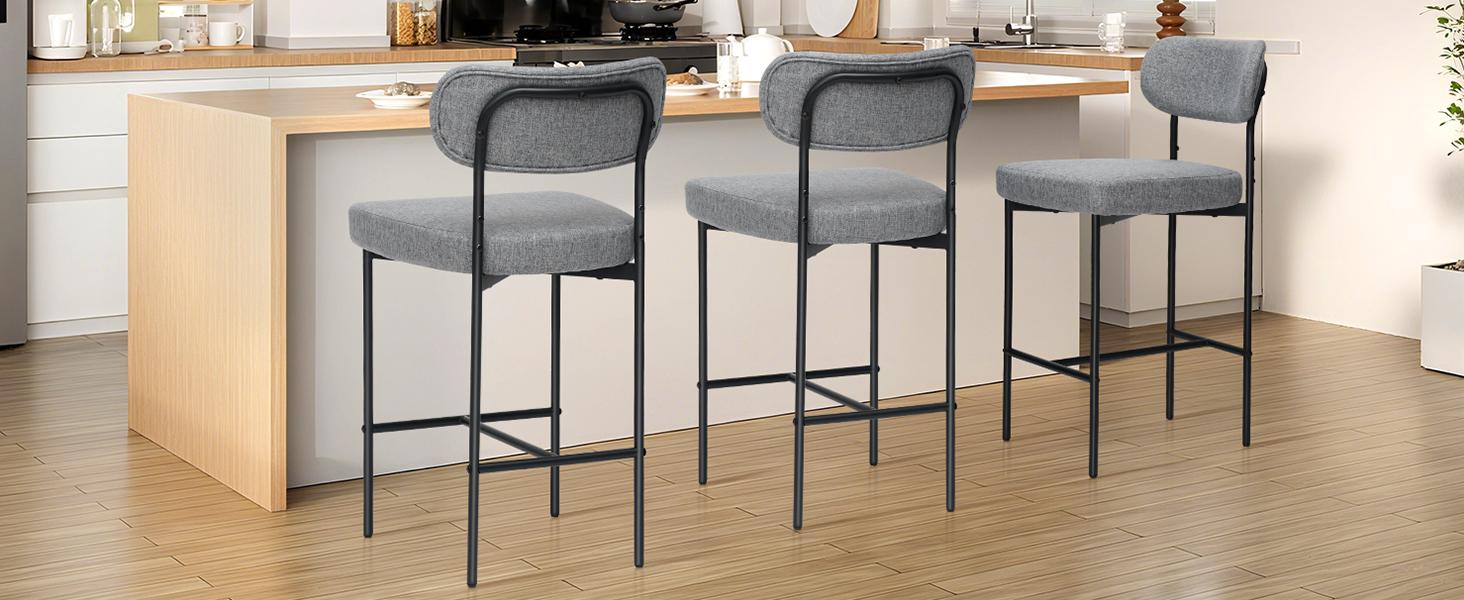 HOMMPA 24'' Bar Stools Set of 2 Fabric Counter Height Barstools Set Upholstered Modern Bar Stools Chairs with Back Metal Legs for Kitchen Island Counter Grey