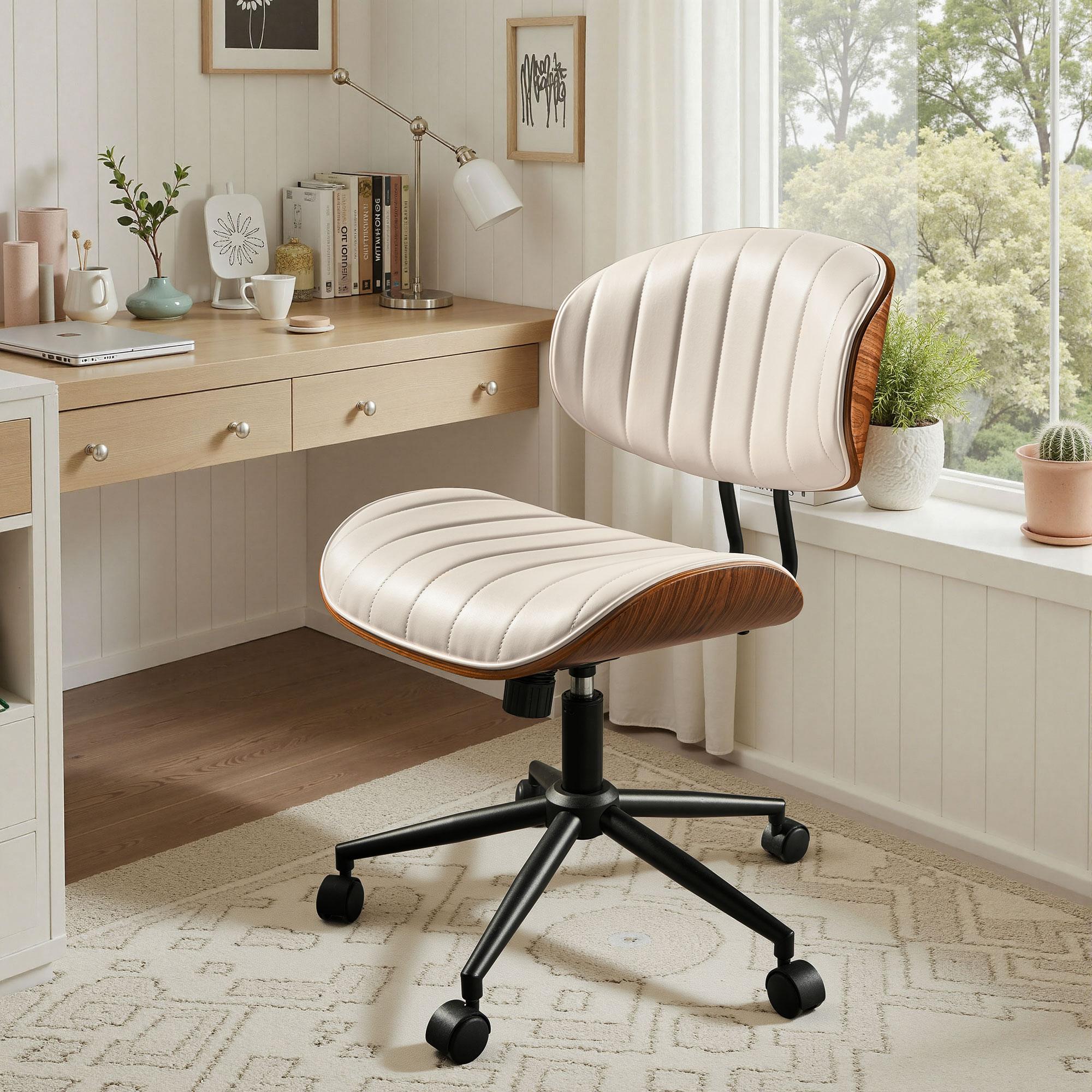 【Stock Up Sale】Ovios Wide Curved Seat&Back Armless Home Office Chair, Adjustable-Height Desk Chair, 360° Swivel&Tilting Function, PU Fabric Stylish Walnut Task Make Up Chair for Meeing Room,Dining Room