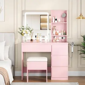 Vanity Desk with Mirror and Lights - Modern Makeup Dressing Table with Outlets, Storage Stool, 4 Drawers & Hair Dryer Holder - 3 Colors LED Vanity Mirror, Vanities for Bedroom, Pink