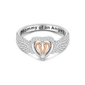Mommy of an Angel Sterling Silver Ring – Angel Wing & Heart Footprint Memorial Jewelry, Sentimental Gift for Mom, Women, Baby, Perfect for Birthday, Christmas & Special Occasions