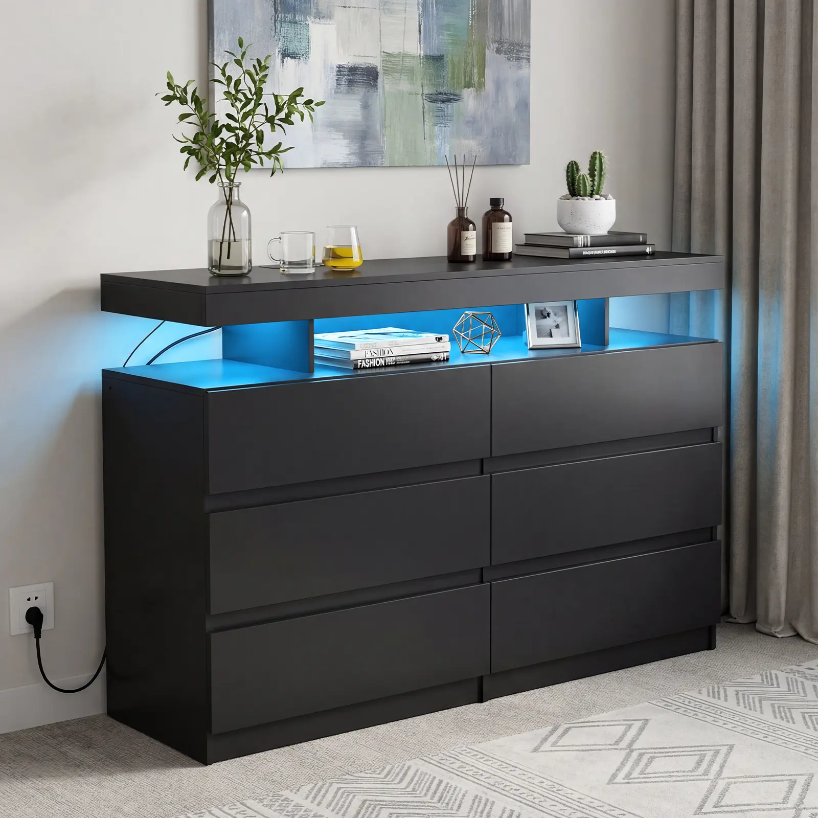 HOMMPA 6 Drawer Dresser with Power Outlet, Black Dresser Chest of Drawers with LED Light, Wooden Dressers TV Stand for Bedroom, Living Room, Entryway Modern Storage Cabinet