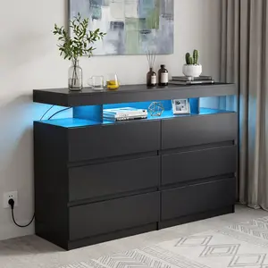 HOMMPA 6 Drawer Dresser with Power Outlet, Black Dresser Chest of Drawers with LED Light, Wooden Dressers TV Stand for Bedroom, Living Room, Entryway