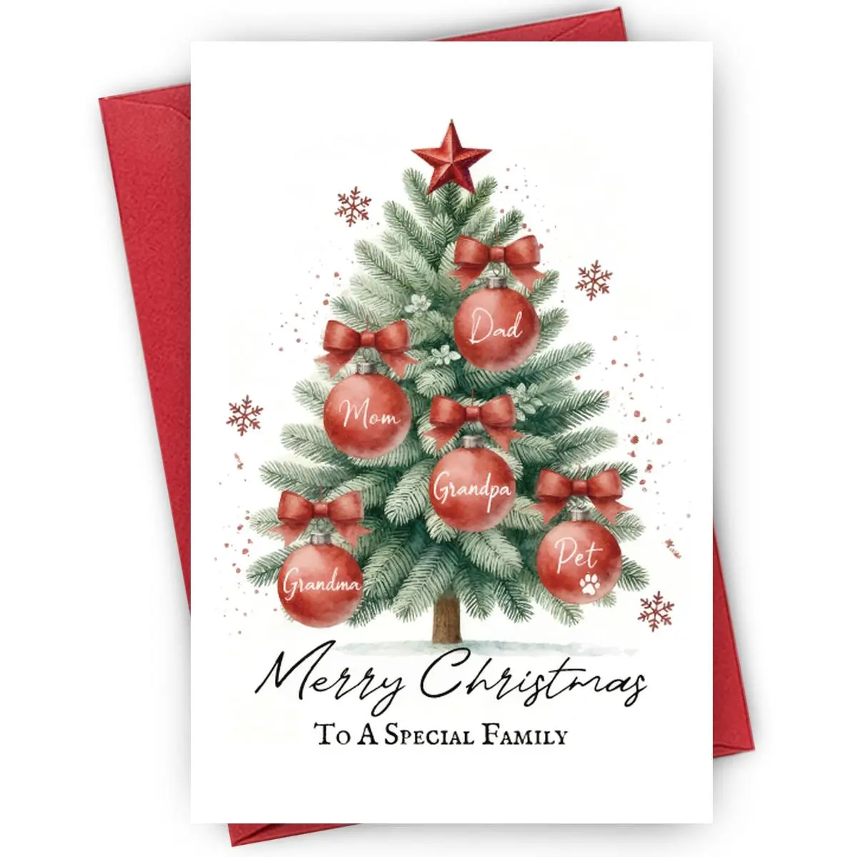 1PC Personalized Christmas Greeting Card, Family Ornaments Tree Design, "Merry Christmas To A Special Family" Card, Ideal for Extended Family Holiday Season Wishes
