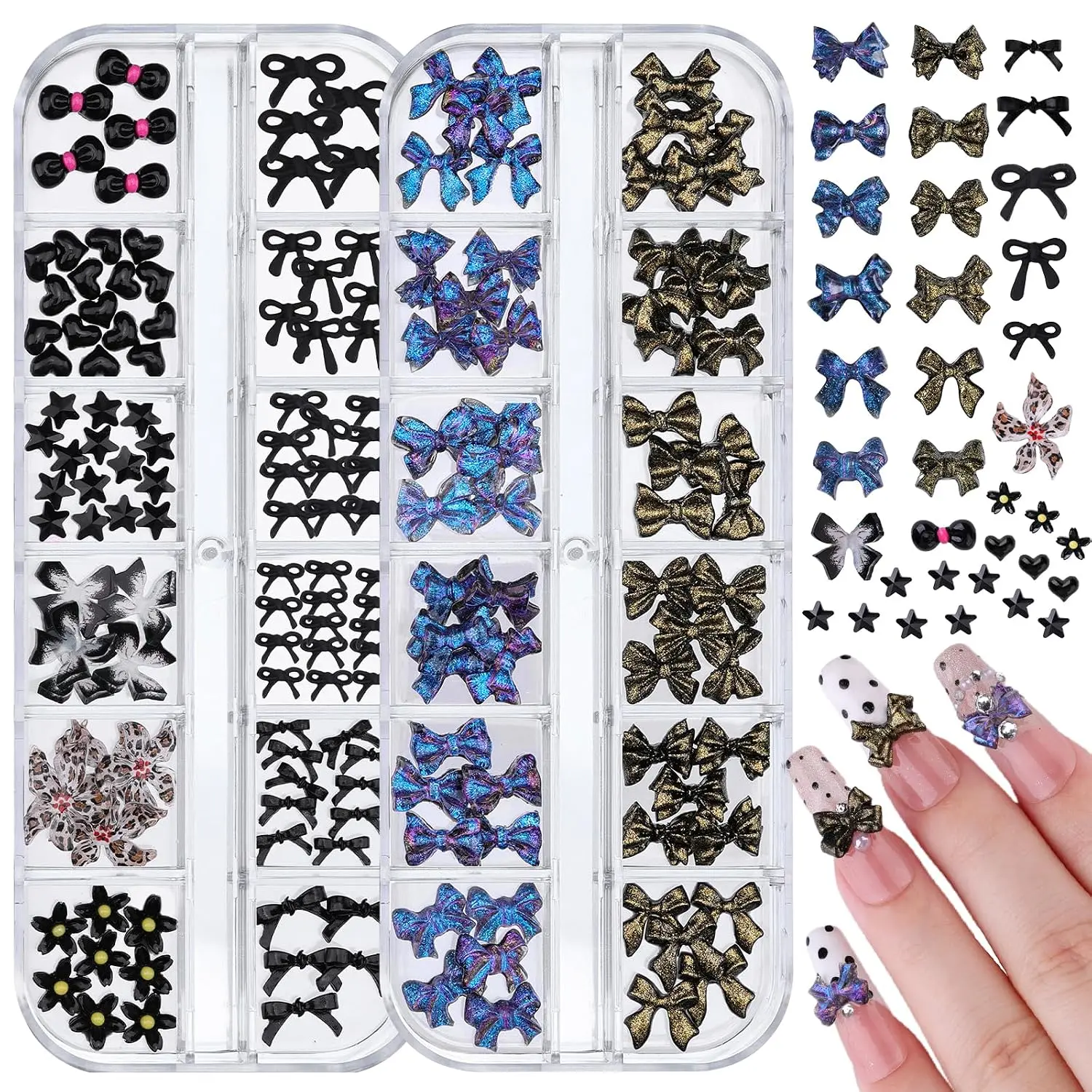 Halloween Fall Gift 2 Boxes 3D Bow Nail Charms – Pink Bowknot, Daisy & Hibiscus Flower Resin Flatback Nail Decorations for DIY Nail Art & Crafts Star Beginner