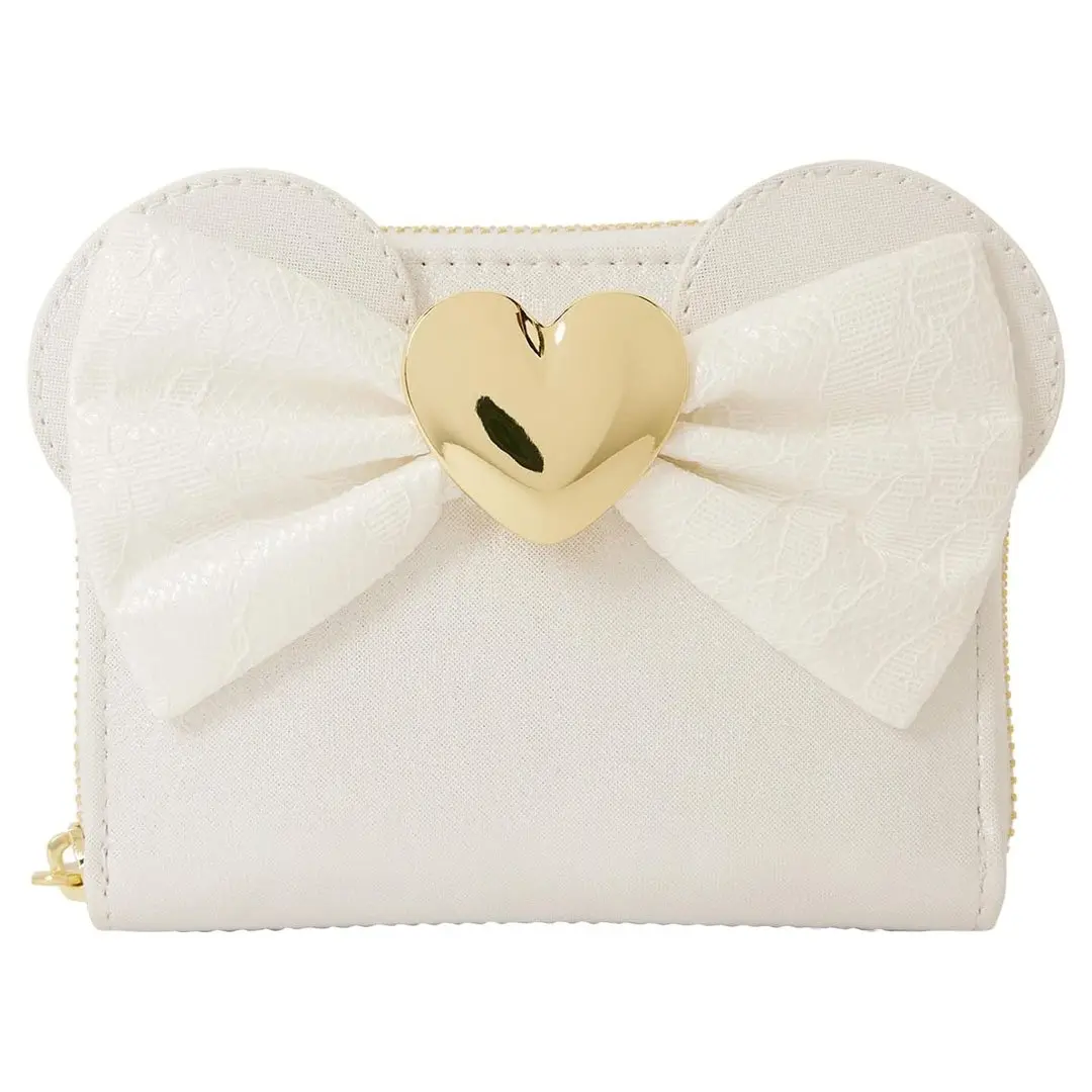 Loungefly Women's Disney Minnie Mouse Bridal Wallet, Iridescent Graphic Faux Leather with 3D Ears & Bow, Lightweight Zip Around, Long Wallet, Casual, Basic, Molded Metal Charm, Shimmer Faux Leather, Credit Card, Cute