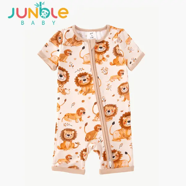 JUNBLEBABY Bamboo Unisex Baby Romper, Short Sleeve Safari Lion Print Onesie Bodysuit with Double Zipper, Soft Breathable Infant Toddler Clothes