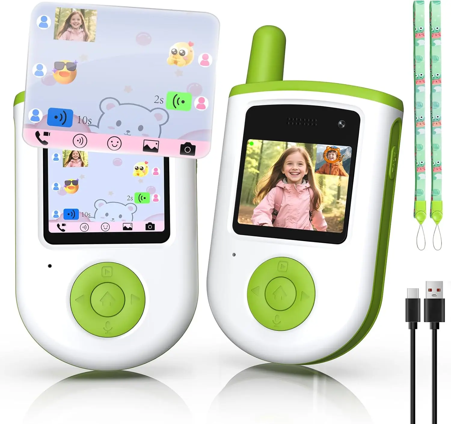 【Price Drop – Clearance】Kids video walkie talkies Set (2-Piece),Rechargeable Long-Range Two-Way RadioToys, Suitable for Boys and Girls Ages 3-12,Outdoor Adventures, Camping, Hiking,Birthday Gifts, Green And White Dual-ColorDesign