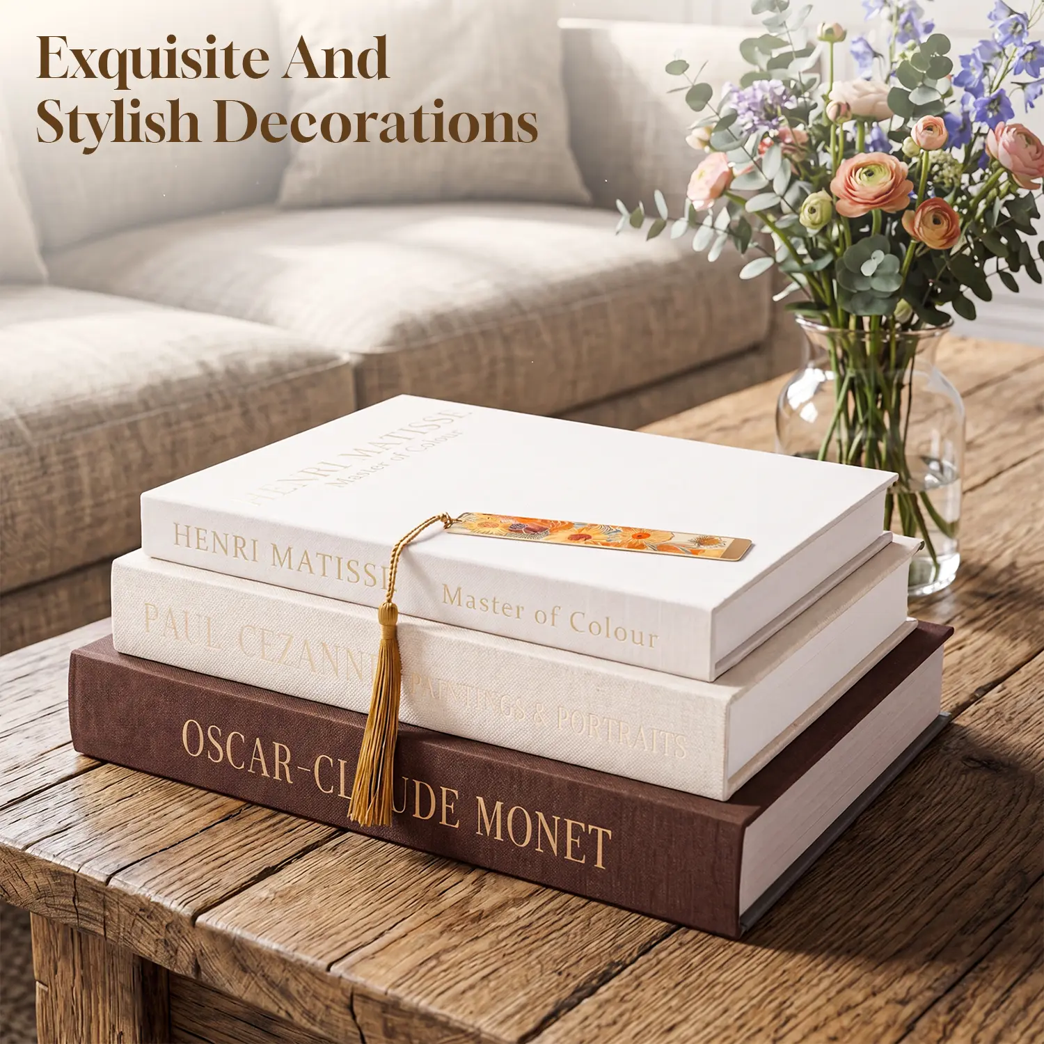 SXHELECOK Aesthetic Decorative Books, 3 Linen Faux Books with Van Gogh Bookmarkfor Coffee Table, Bookshelf or Hidden Storage,Beautiful Fake for  Home Decor, Photo Organization, and Keepsake Storage