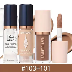 beauty glazed 3pcs Full Matte Makeup Kit - Oil-Control Primer, Long-Lasting Matte Foundation & 3D Contour Cream - Pore-Hiding, Buildable Coverage, All-Day Wear - Compact & Travel-Friendly