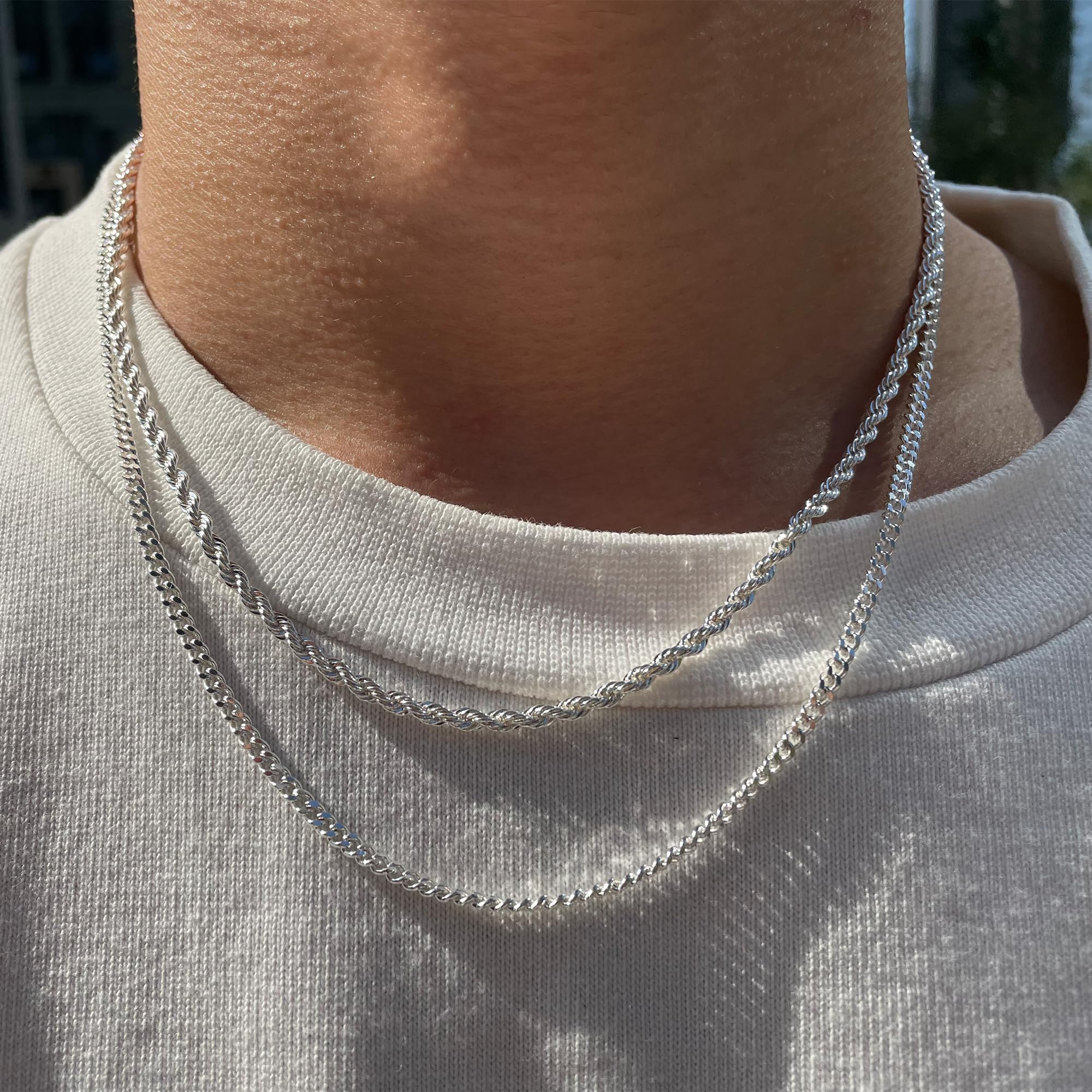 Tewiky Trendy 2Pcs 3mm Chain Necklace for Men SummerVibes Silver Layered Cuban Link Rope Necklaces Set Simple Jewelry Gift 18-28 Inches Present Jewelry
