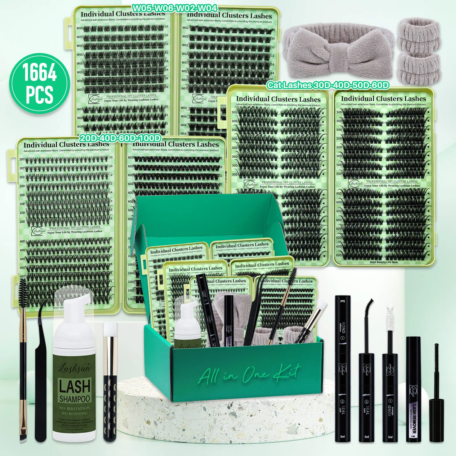 1664PCS D Curl Lash Clusters Kit, Diy Cluster Lash, Individual Lashes Extensions, 12 Styles Cat/Volume with Bond & Seal, Lash Remover, Lash Applicator, Headband & Wristband, Lash Shampoo & Brush, for Beginners & Pros, Cluster Eyelash Kit