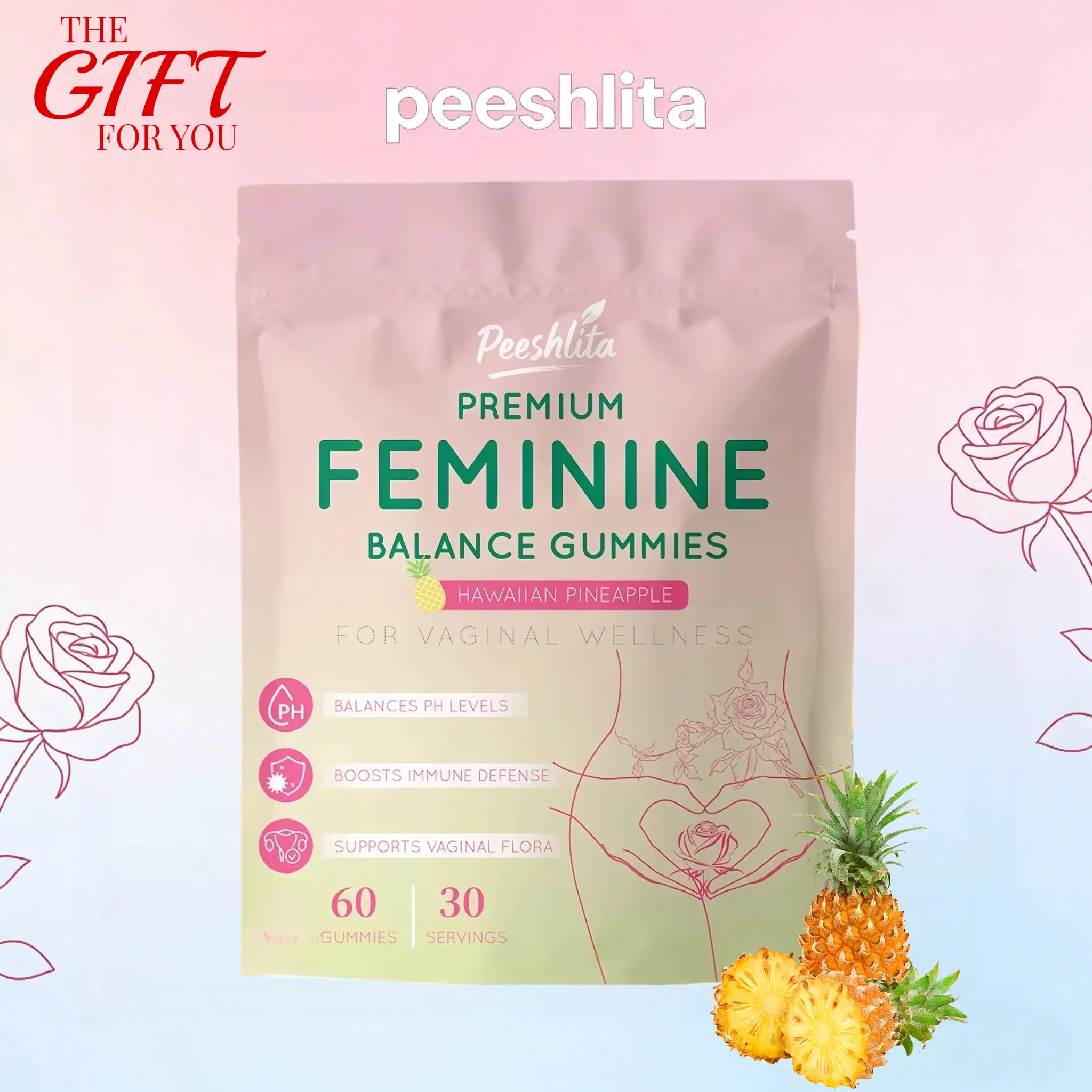 Peeshlita CORE Women's Chewable Probiotic Gummies - Natural Dietary Supplement, Feminine pH Balance Support, Gut Health, Vitality, Hawaiian Pineapple Flavor, Third-Party Lab Tested, Plant-Based, Dairy-Free, Valentine's Day Gift