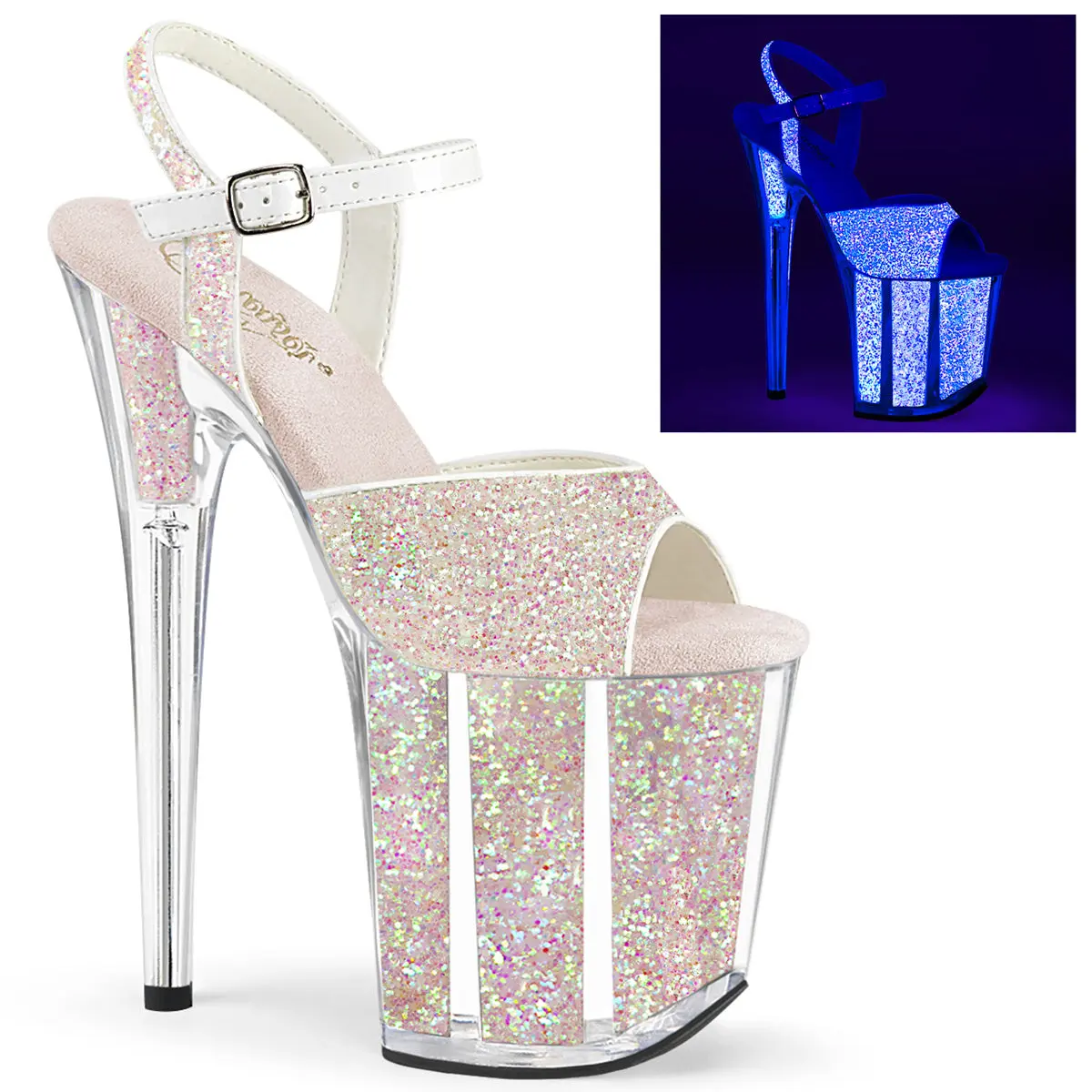 Pleaser Women's Elegant Platform Sandals, 8-inch High Heels with Ankle Strap and UV Reactive Glitter, Elegant Sandal