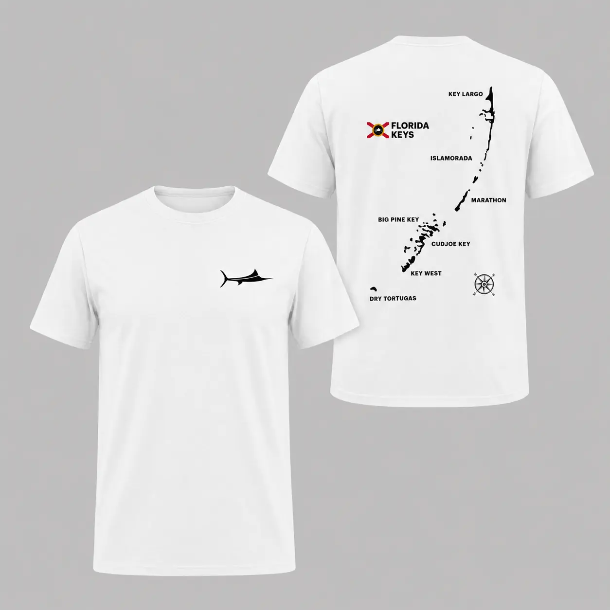 Florida Keys Map Graphic T-Shirt, Key Largo Key West Coastal Travel Tee, Marlin Fish Logo Nautical Shirt, Shirt For Men