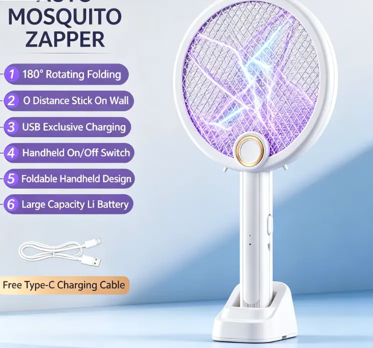 Handheld Racket Electric Bug Zapper - 3000V USB Rechargeable Portable Mosquito Killer, 3-Layer Protective Mesh, Safe for the Whole Family, No Chemicals, No Sticky Traps, Indoor/Outdoor Camping Home Pest Control Gadget