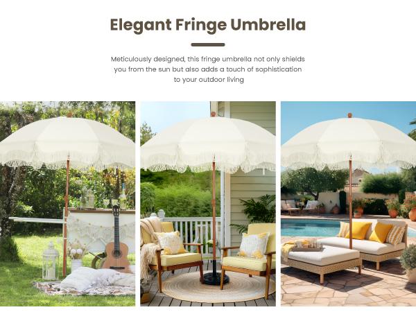 PHI VILLA 7ft Patio Beach Umbrella with Fringe, UPF 50+ Canopy, 8 High Wind Proof Fiberglass Ribs, Fully Assembled, Carry Bag Available Outdoor Aesthetic Round,SpringGlowUp