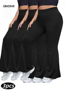 3 Pack Plus Size Flare Pants - High Waist Stretchy Trousers Set, Solid Color Essentials, Comfortable, Perfect For All Seasons, Soft Athletic Tummy Control with Pockets, Long Length, Machine Washable, Yoga Leggings, Flared Design