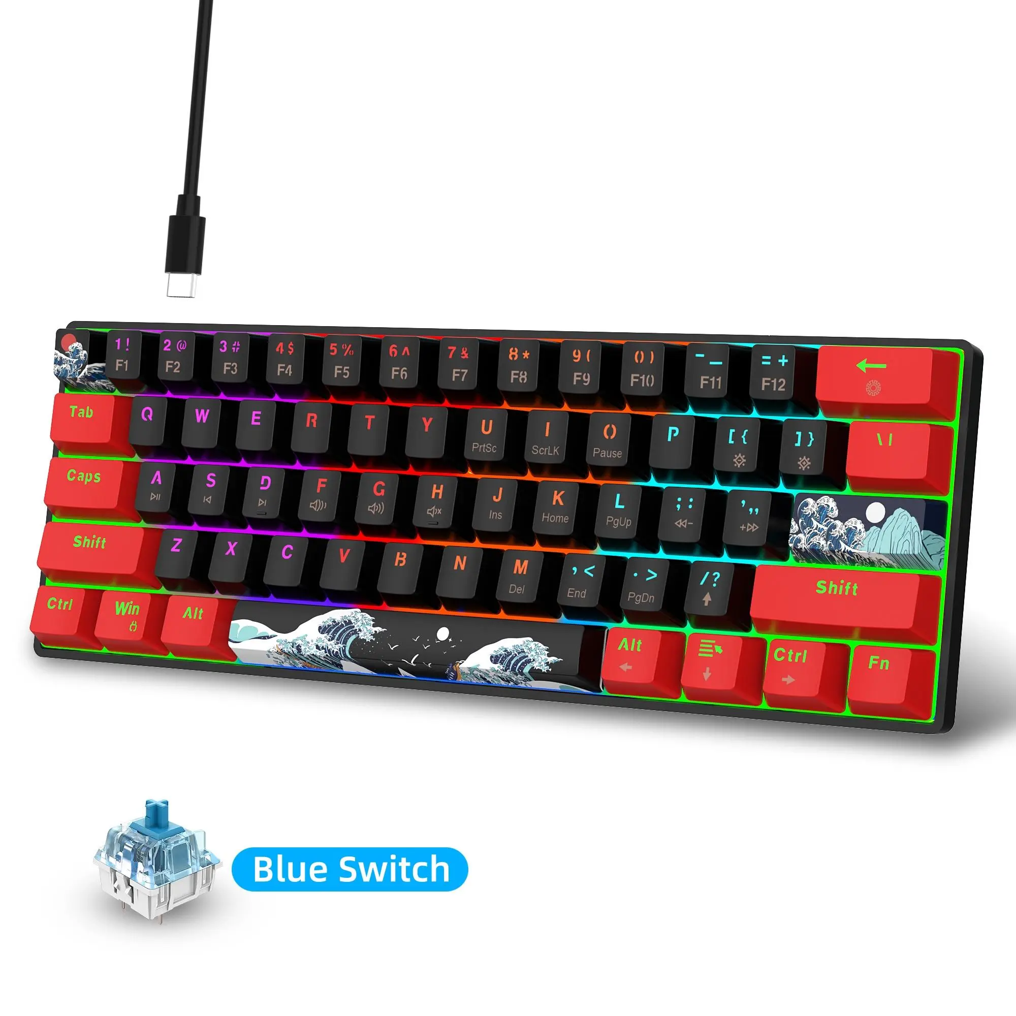 HXSJ 61-Keys Mechanical Gaming Keyboard, USB Powered Mini Keyboard, Wired RGB Backlit Keyboard with Blue Switch, Tactile Feedback Keyboard, RGB Lighting Keyboard, Computer Accessories, PC Accessories Gaming