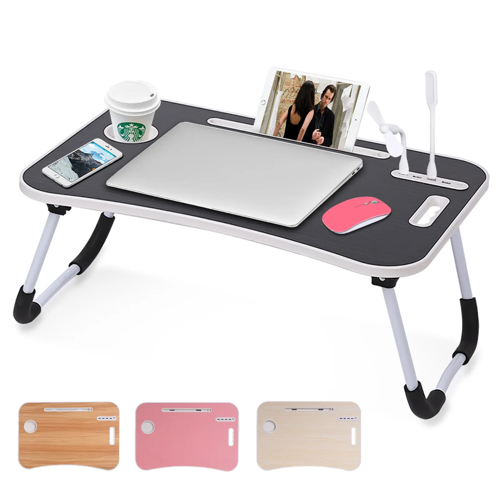 23 Inch Portable Laptop Bed Desk,Foldable LaptopTable Bed Tray with Storage Drawer,4 USB Ports and Cup Holder,for Working Reading Writing, Eating, Watching Movies for Bed Sofa Couch Floor