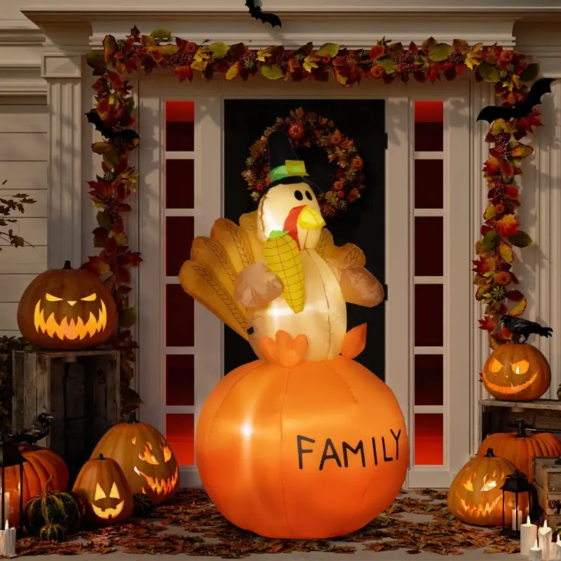 Inflatable Thanksgiving Turkey Holiday Decoration - Polyester Plug-Powered LED Blow-Up Display, Horror Rustic Outdoor/Indoor Garden Home Decor