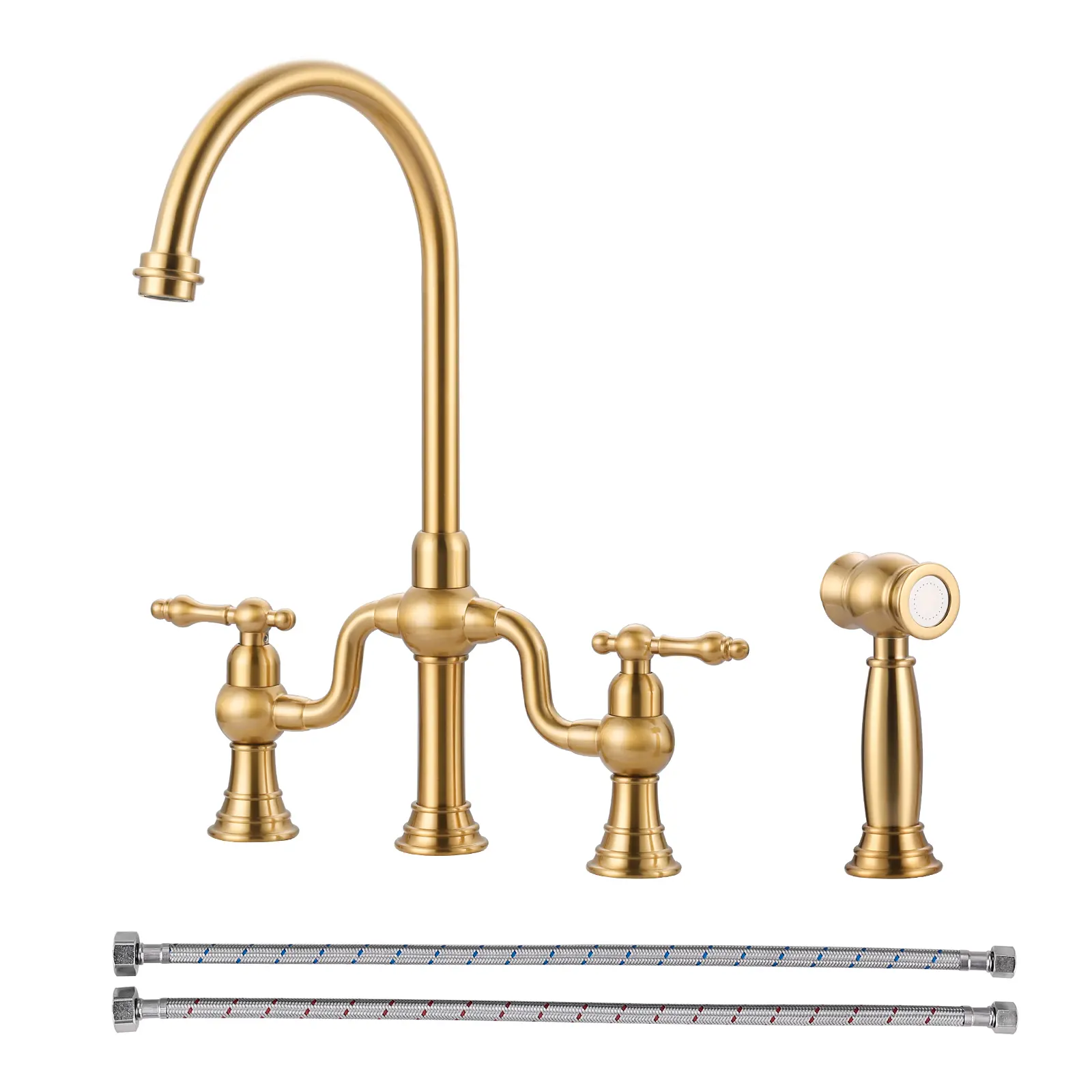 WOWOW Brass Double Handle High Arc Deck-Mounted Bridge Kitchen Faucet with Faucet Sprayer Attachment, Brushed Gold Finish, High Arc Faucet