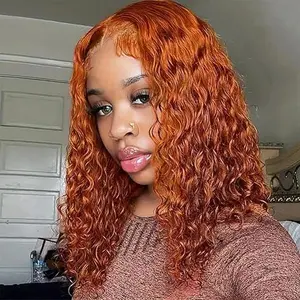 Curly Bob Wig Human Hair Deep Wave 13x4 HD Lace Front Wigs For Black Women Human Hair Pre Plucked Wear And Go Glueless Short Wet And Wavy Orange Ginger Color #350 16 Inch