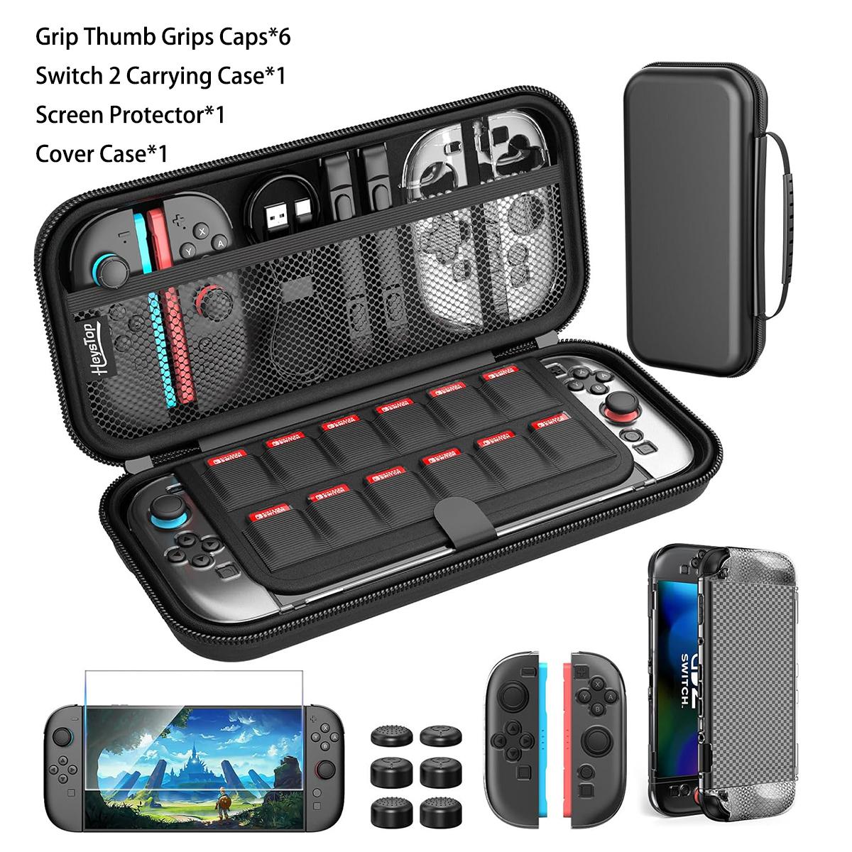 HEYSTOP Switch 2 Case Set - Protective Carrying Case with PC Cover & TPU Grip, Large Capacity for Accessories, HD Tempered Glass, Joystick Covers, Adjustable Console Protector