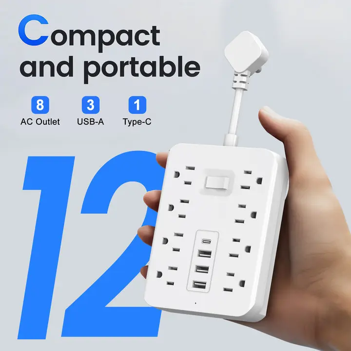 12-in-1 Power Strip with Surge Protection And One-Touch Control Switch - 8 AC with 4 USB Ports ( 1 Type-C) - Wall-Mountable Extension Cord for Office, Study, Home, And School Use - US Plug, 110V-130V Rectangle Power Supply with Overload Protection