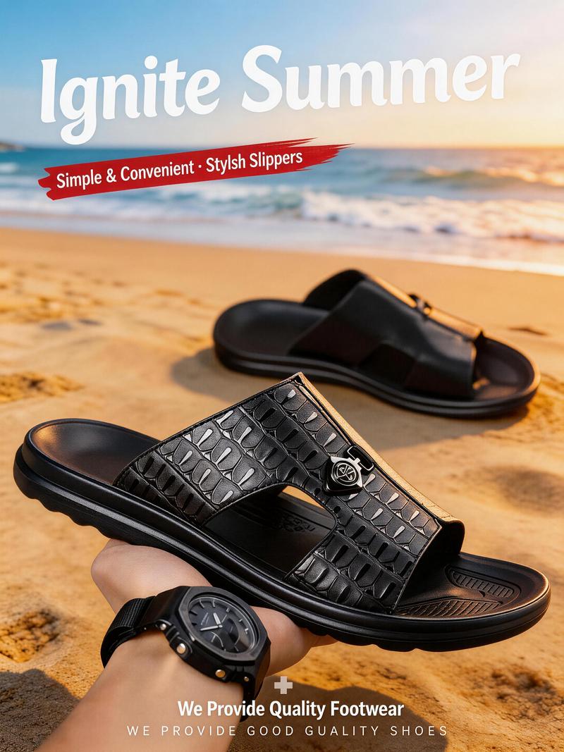 Men's Vegan Leather Summer Fashion Sandal & Stylish Slipper with Mixed-Texture Design | Quick Dry Sandals with Anti-Slip Sole | Beach Shoes for Men & Beach Casual Wear | Outdoor Beach Shoe, Outdoor Sandal for Indoor Use & Outdoor Entertainment