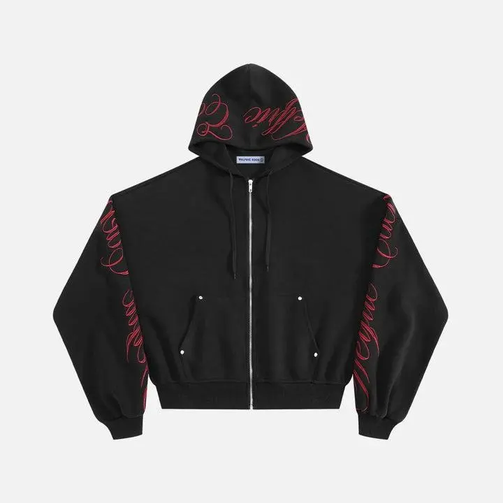 Aelfric Eden Boxy Script Embroidery Zip Up Hoodie Script Embroidery Boxy Cropped Zip-Up Silhouette Studded Pocket Heavyweight Soft Fabric Unisex Streetwear Hoodie