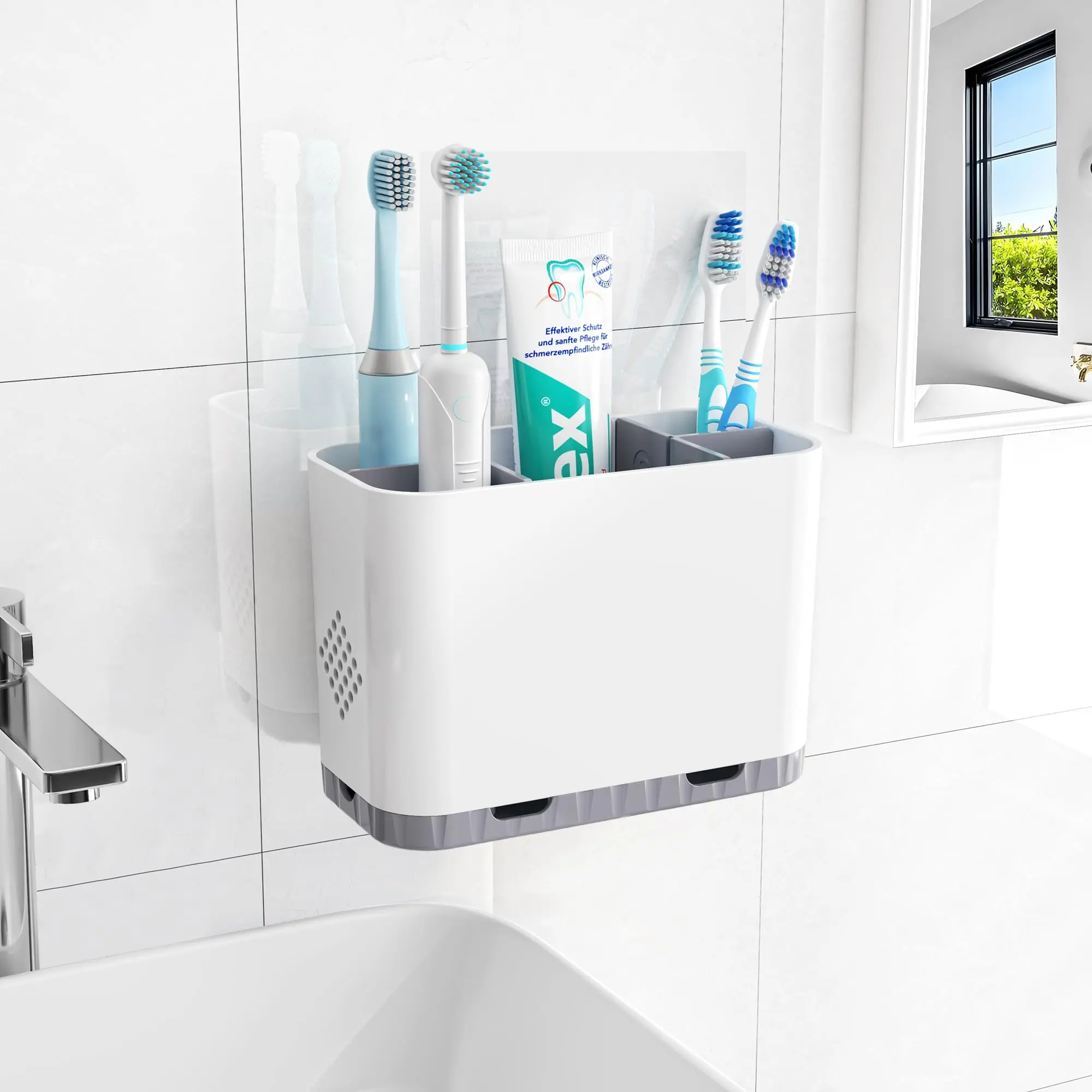 Bathroom Toothbrush and Toothpaste Holder Set - Modern Polyester Detachable 5-Slot Wall-Mount/Countertop Organizer with Removable Dividers, Adhesive Tape, 6.3"l x 3.15"w x 4.48"h for Kids Electric Toothbrushes & Bathroom Accessory