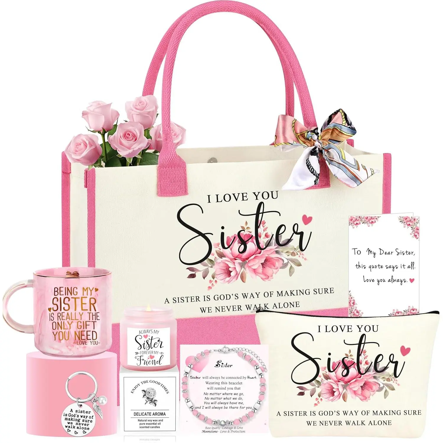 7-Piece Sister Gift Basket Best Xmas/Birthday/Mother’s Day Gifts for Sister  best friend birthday gift Set  Jar Party Supplies Pearl Tote Lavender