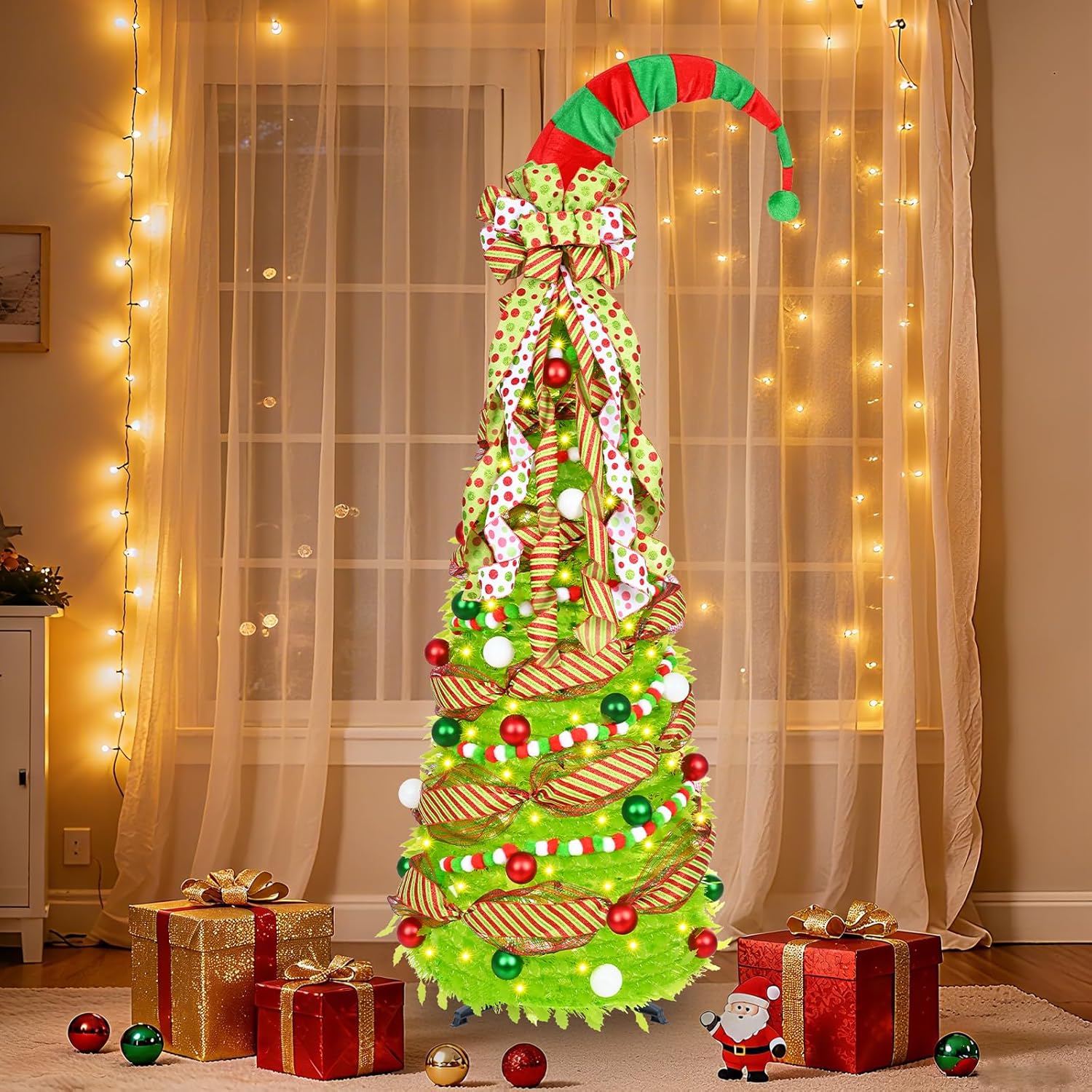 6FT Pop Up Christmas Tree with Lights Remote Control & Ornaments Collapsible Lime Green Xmas Tree with Santa Hat & Bow Tree Topper Whimsical Design for Indoor Outdoor Use Party Decoration Supplies