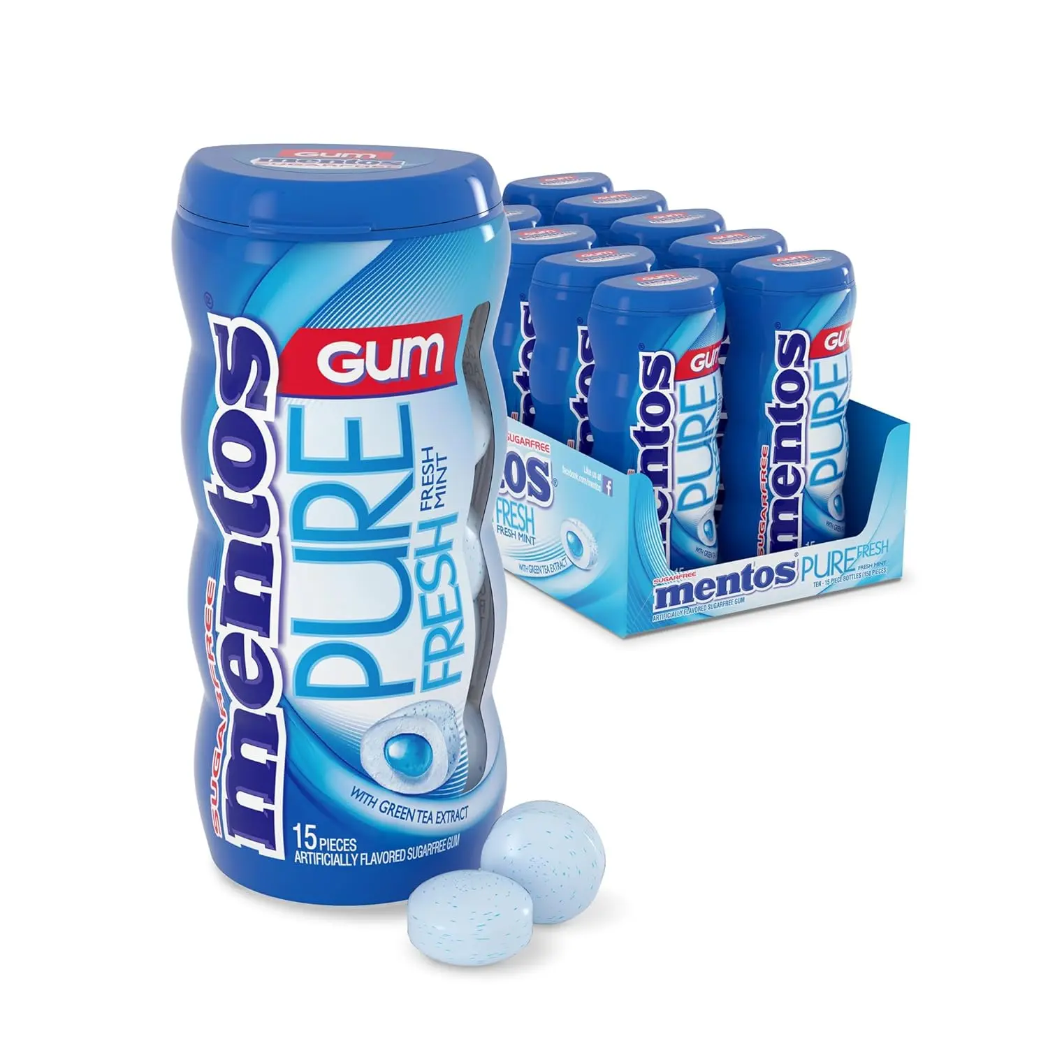 Mentos Pure Fresh Sugar-Free Xylitol Chewing Gum - Mint & Spearmint Flavors, 15-Piece Low-Fat Healthy Bottle, Ambient Bulk Pack of 10, 12-Month Shelf Life Natural Snack, Fresh Breath Solutions, Sugarless Gum, Chewinggum, Healthy Choice