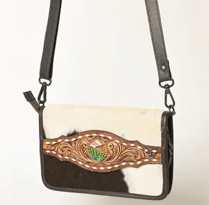 Genuine cowhide & leather crossbody/clutch bag with tooled cactus design