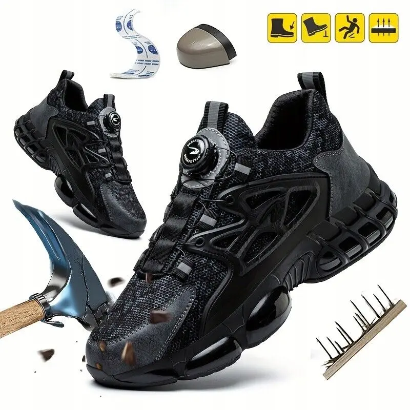 Men's Steel Toe Safety Shoes, Athletic Work Sneakers with Rotating Buckle, Lightweight and Breathable Walking Footwear, Walking Shoes, Sports Shoes