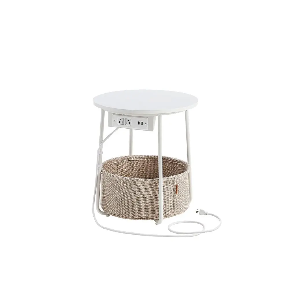 VASAGLE Modern Storage Nightstand - 17.7" Dia. Round Particleboard Side Table with Steel Frame, Charging Station, Power Outlets, USB Ports, Fabric Basket, Space Saving Furniture, Includes Kit for Bedroom, Living Room