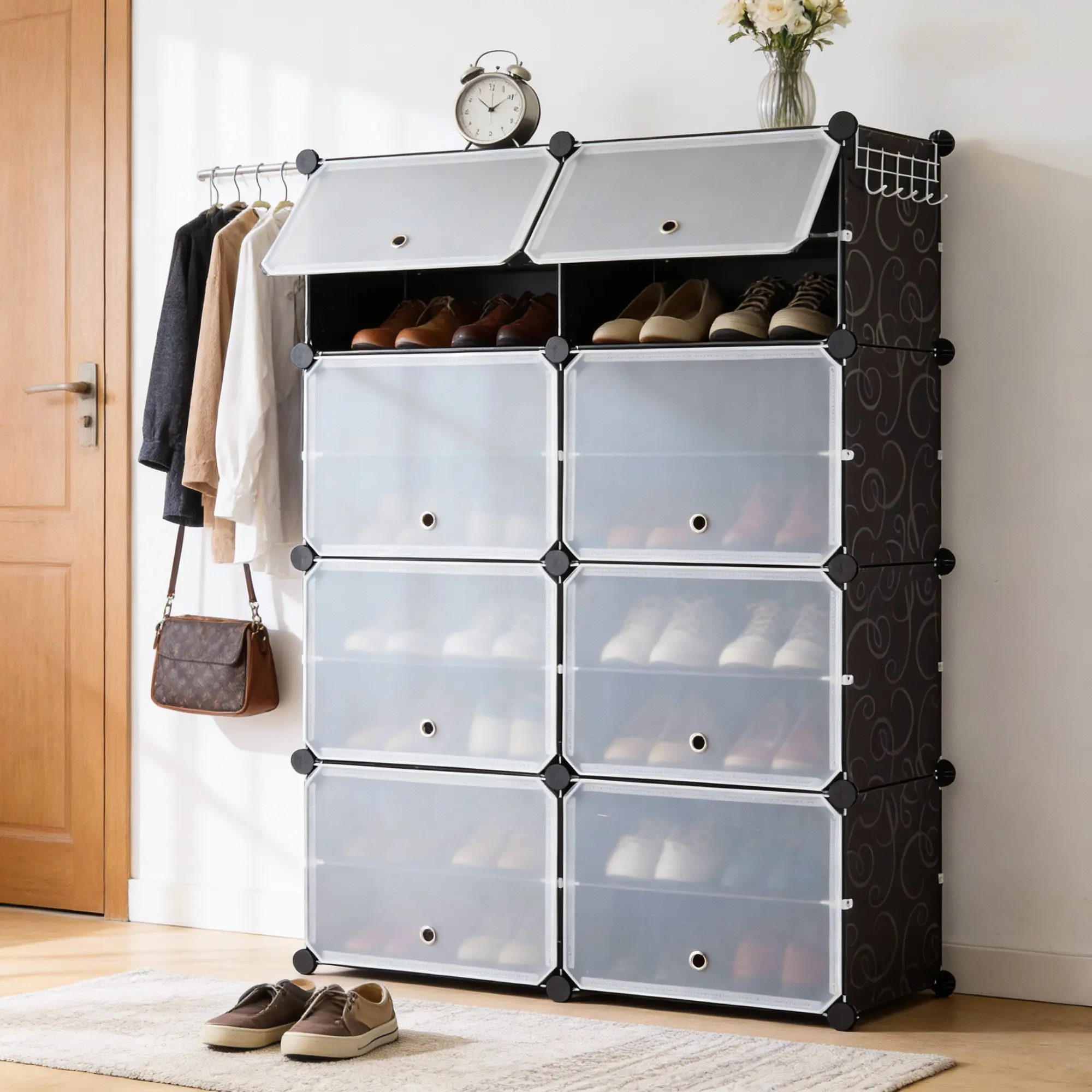 Sweetcrispy Multilayer Shelf Closet Shoe Organiser - 6/8-Tier Shoe Cabinet with 24/32-Tier Capacity, Side Hooks, Sturdy Metal Frame, Black & White Plastic Panels, Durable Reinforced Multifunctional Organizer for Entryways, Living Rooms