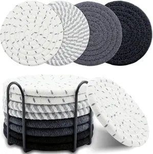 8 Pcs Drink Coasters with Holder, Minimalist Cotton Woven Coaster Set, Absorbent Coaster Protection Protection for Various Cups, Ideal for Coffee Tables and Home Decor Tabletop, 4.3 Inches
