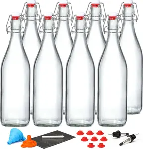 8 Pack [1 L / 33 fl. oz.] Swing Top Glass Bottles w/ Airtight Stopper Lids – Flip Top Brewing Bottle for Fermentation, Kombucha, Mead, Vinegar, Beer, Kefir, Wine, Soda – With 8 Extra Seals & 2 Pourer