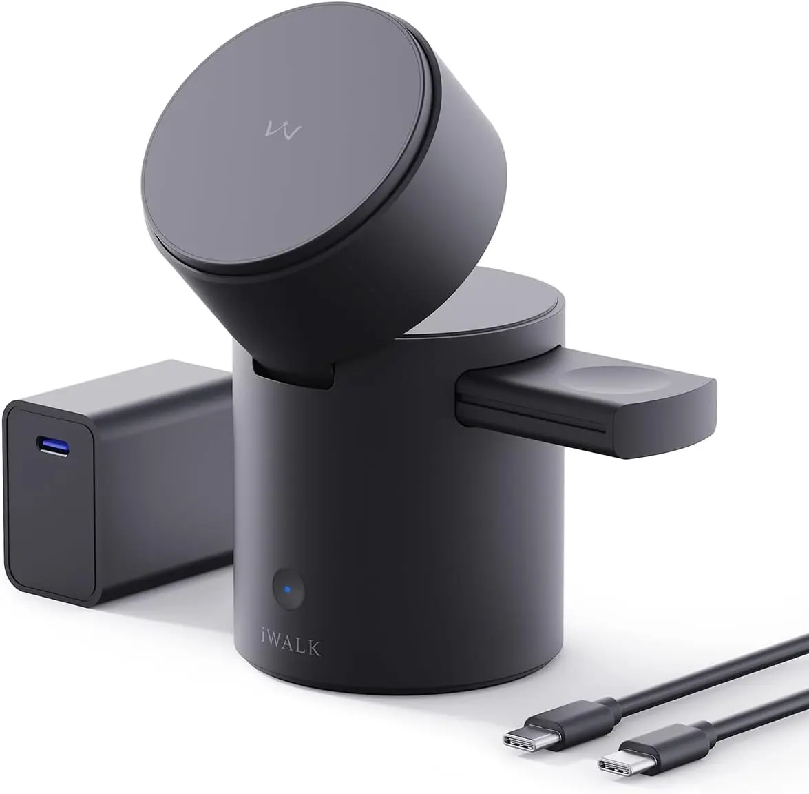 iWALK 3 in 1 Wireless Charging Stand with Auto Rotation, Charging Station with Magnet for Apple Devices, 15W Foldable Wireless Charger Station for iPhone 17 16 15 14 13 & Apple Watch & Airpods