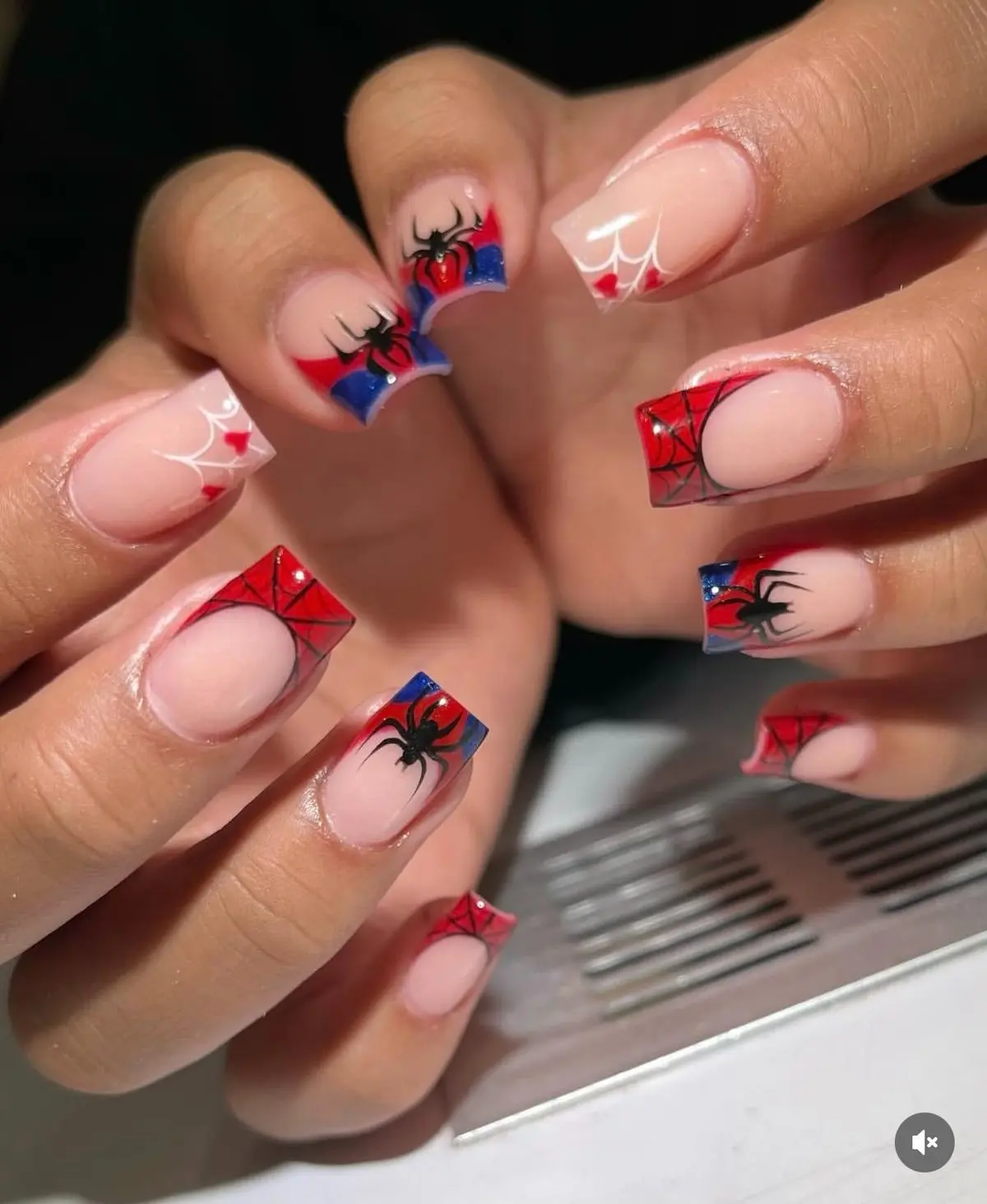 Red Blue Spider Web Press On Nails, Short Square Fake Nails, Glossy Nude French Tip Nail Set with Spider and Heart Designs