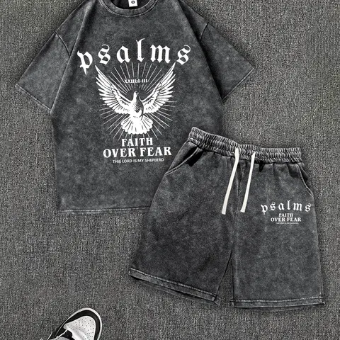 Men’s washed vintage cotton summer streetwear set featuring retro rock music letter print; casual commuter two-piece with a crewneck short-sleeve T-shirt and shorts. Vintage 2000s style—ideal for running, golf, fishing, basketball, camping, gym, swimming,