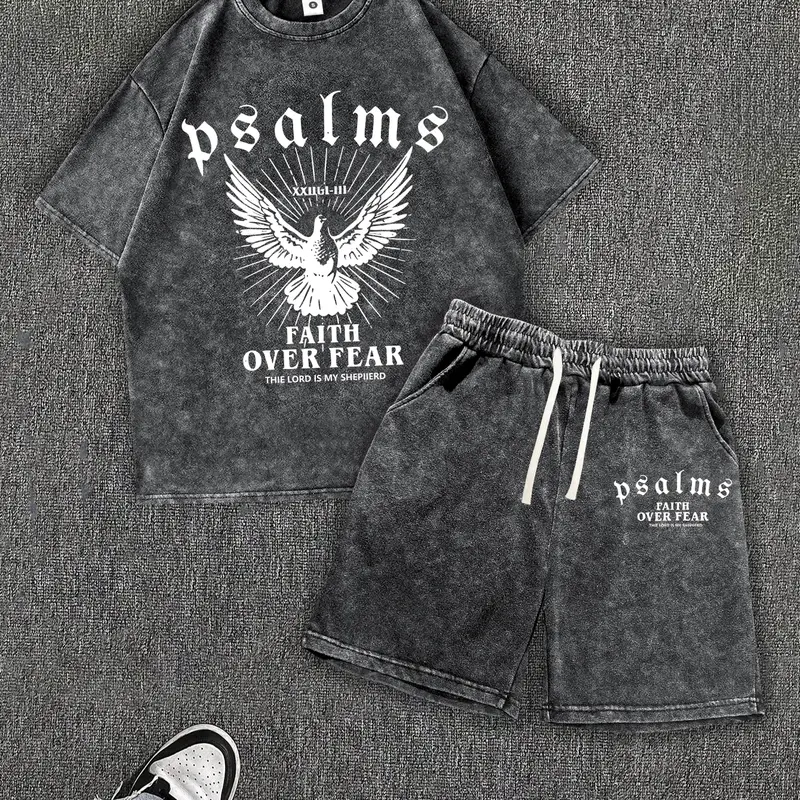 Men’s washed vintage cotton summer streetwear set featuring retro rock music letter print; casual commuter two-piece with a crewneck short-sleeve T-shirt and shorts. Vintage 2000s style—ideal for running, golf, fishing, basketball, camping, gym, swimming,