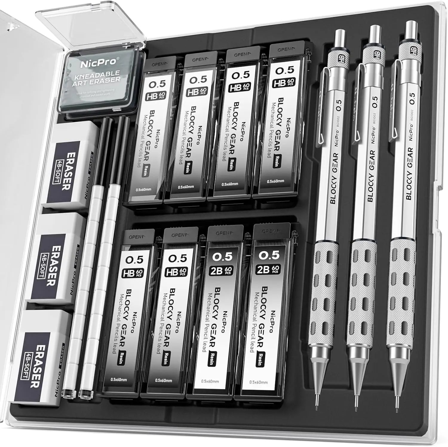 Nicpro 3-Pack 0.7 mm Blocky Gear Metal Barrel Mechanical Pencils Set with Hexagonal Grip & Case, Writing Tools for Office & School Supplies Haul, 8 Tubes (480-Pack) HB/2B Lead Refills, 4B Latex-Free Erasers, 18 Eraser Refills, Dual Retractor, Back To Scho