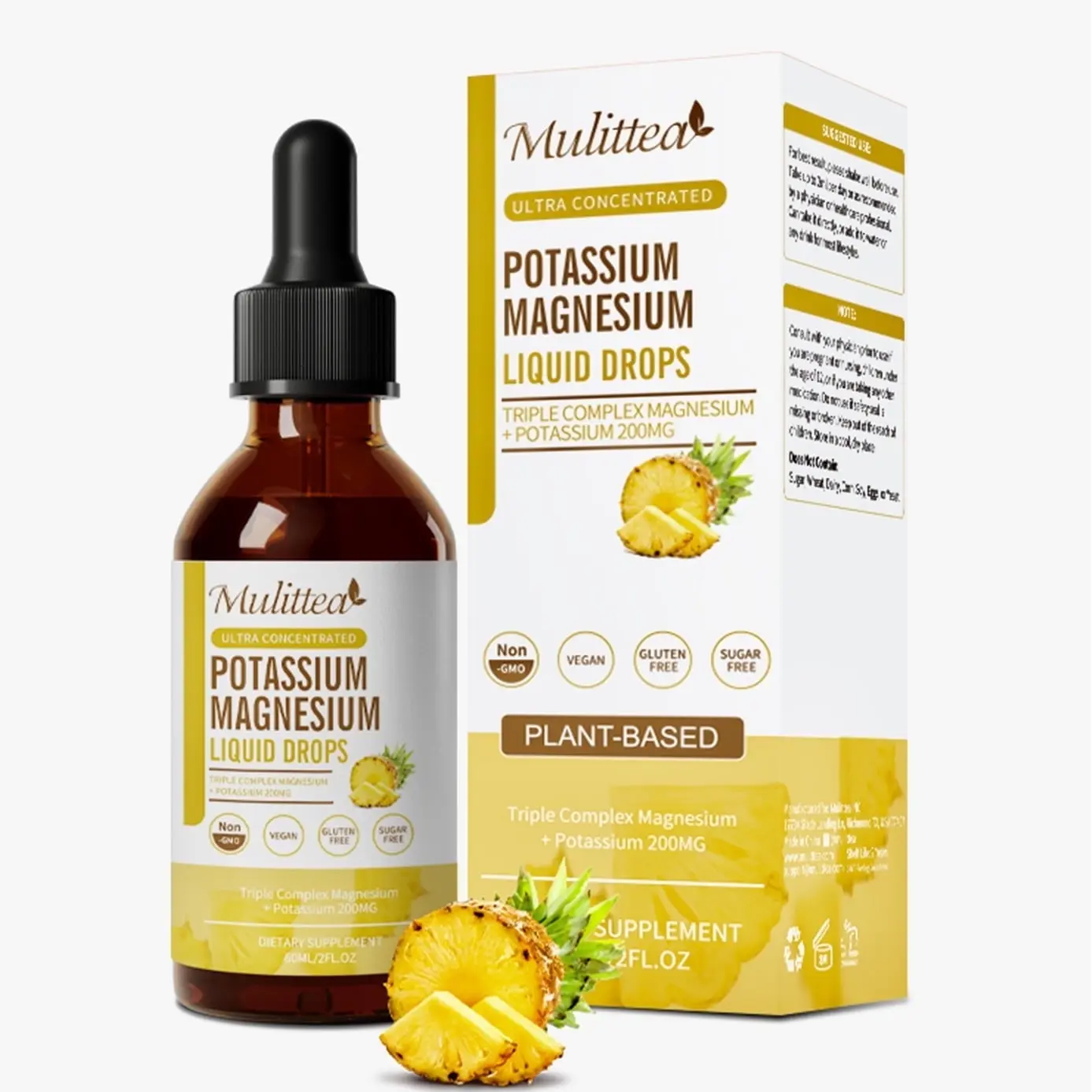 Mulittea Potassium Magnesium Supplement with Potassium 200mg, Magnesium Complex 1100mg, Calcium 100mg, Vatmin D3&K2, Vegan Drops for Muscle & Bone Health, Leg Cramps, Heart Support, 2 Fl oz
