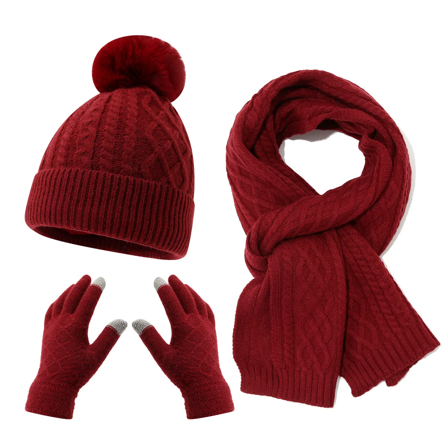 Winter Essentials Set - Red Fleece-Lined Knitted Hat, Scarf & Gloves - Solid Color Twisted Pattern - Pom-Pom Detail - Casual Everyday Wear