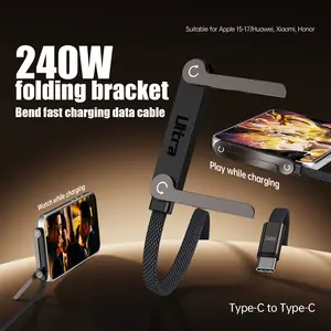 240W Braided Fast Charge Cable with Built-in Phone Stand, 2026 New Foldable Durable USB-C Cord 90 Degree USB C Cable Right Angle Multi-Functional Charger Cord, Type-C to Type-C (1-PCS)